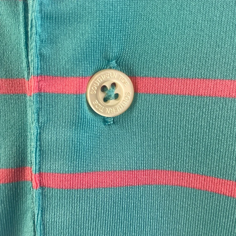 Southern Tide Aqua and Coral Striped Polo - Picture 5 of 7